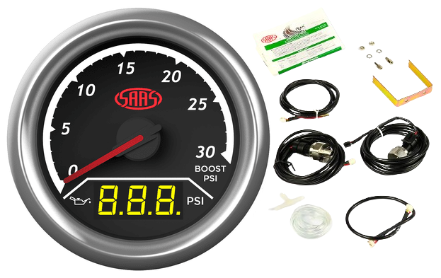 SAAS 2 IN 1 ANALOGUE BOOST 0-30PSI AND DIGITAL OIL PRESSURE 0-140PSI 52MM GAUGE